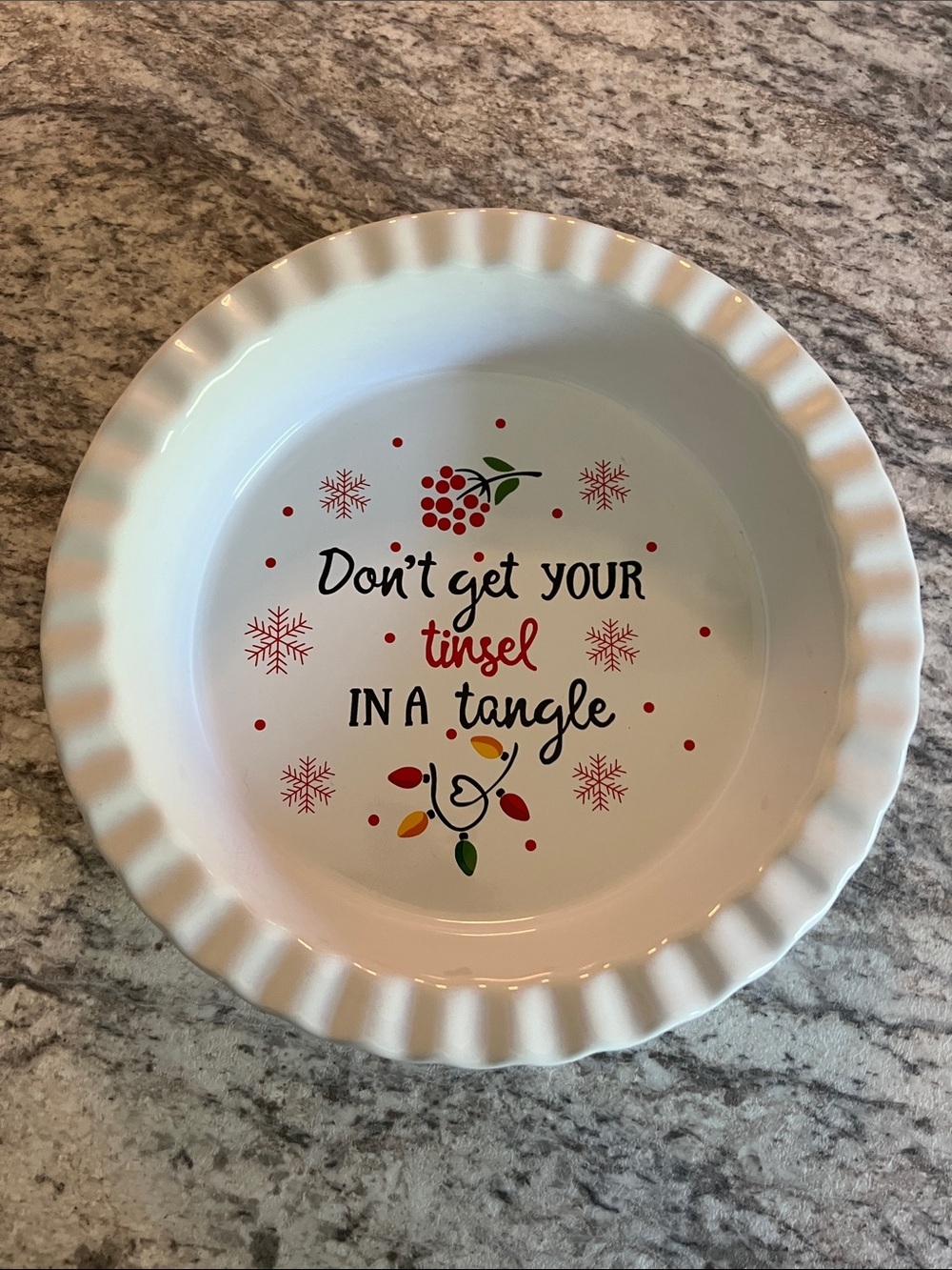 White Holiday Ceramic Pie Dish with Festive Tinsel Design 10 inch round EUC
